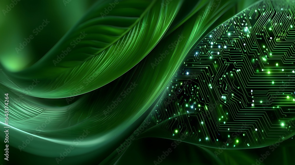 Poster eco-technology concept background with abstract leaf and circuit board pattern
