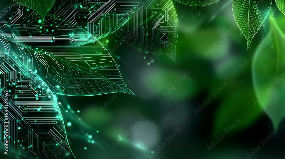 Poster eco-technology concept background with abstract leaf pattern and green circuit board