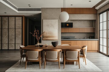 Japandi home interior design in a modern dining room, blending minimalist and organic design elements, Generative AI
