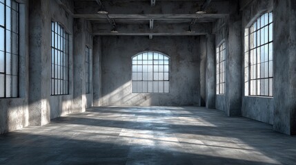 Empty industrial loft space, sunlit.  Large windows.  Rustic interior