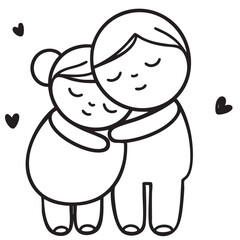 Line drawing of hugging girl and boy, hug. Sketch, Vector