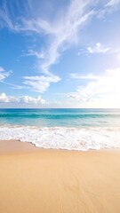 Obraz premium Soft-focus beach scene, tranquil ocean waves lapping a sandy shore under a bright blue sky