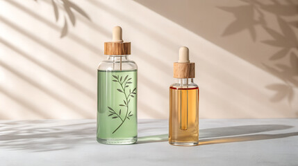 Two glass dropper bottles with natural botanical ingredients and soft light