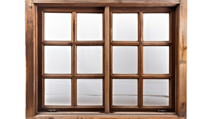 Old wooden window frame with glass isolated on transparent background, showing brown shutters. PNG