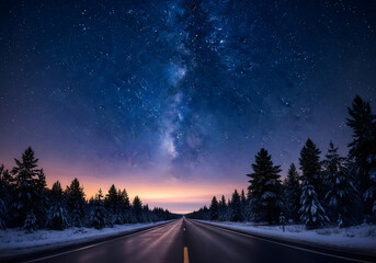 Fototapeta premium long empty road leading to the milky way galaxy in the starry sky