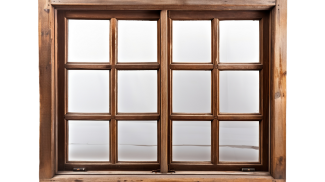 Old wooden window frame with glass isolated on transparent background, showing brown shutters. PNG