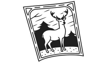 Illustration of a framed deer standing in a forest with trees and snow in black and white style