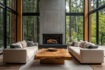 Obraz premium Live edge accent coffee table placed between two sofas by a fireplace, Scandinavian home interior design in a house surrounded by forest, Generative AI