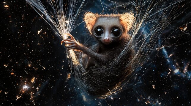 Aye aye wrapped in strands of cosmic light suspended between dimensions its finger unraveling the threads of reality itself