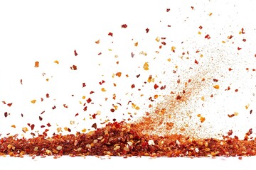 A dynamic burst of spicy red chili flakes suspended in mid-air, with a finely milled pile of dry paprika resting below, isolated on a bright white background