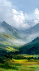 Obraz premium Tranquil Mountain Landscape with Rolling Green Hills and Misty Clouds 