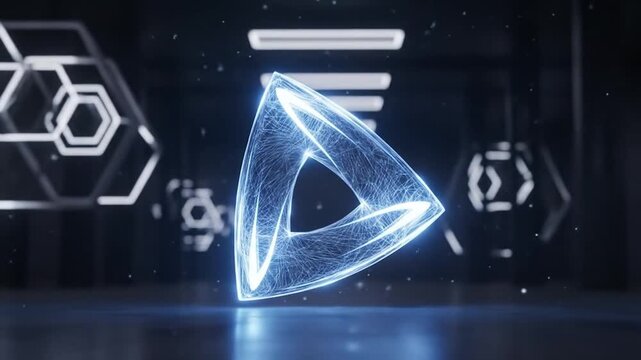 Futuristic abstract blue neon triangle artifact with a complex network structure glowing in a dark, high-tech environment