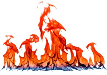 Abstract depiction of fire flames with orange, red, and blue hues, isolated on transparent background