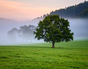 Misty field with solitary tree