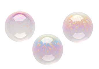 Three iridescent soap bubbles with rainbow reflections, isolated on transparent background