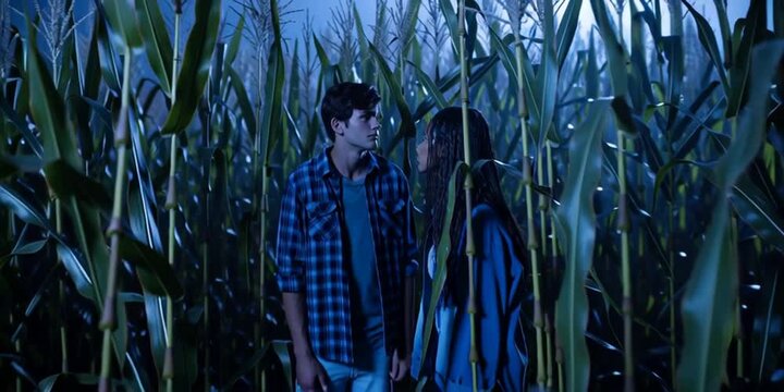 Young people explore a scary haunted corn maze during the October Halloween season