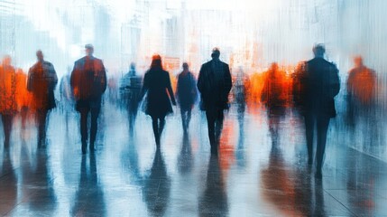Blurred crowd walking, modern building, urban commute, business event background