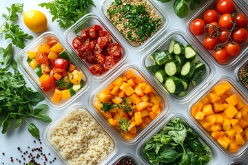 Fresh healthy meal prep containers with quinoa, vegetables and herbs arranged in rows, colorful ingredients ready for balanced nutrition and portion control.
