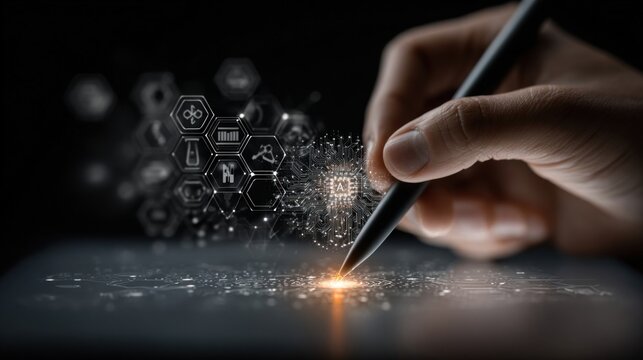 Hand using stylus on tablet with holographic AI, server, and network icons, symbolizing innovation, data security, and smart technology