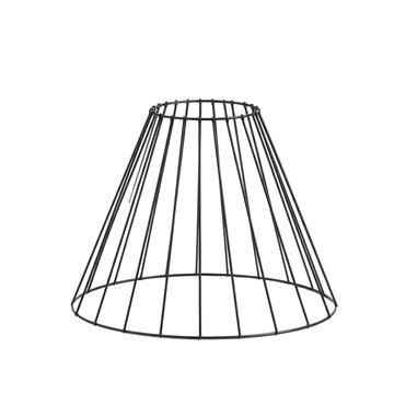 Minimalist skeletal wire lampshade frame, polished metallic, geometric truncated cone, against a transparent studio background, ultra-realistic UHD product photography, concept of minimalist design