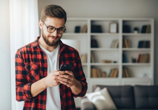 Man wearing glasses and a plaid shirt looking at his smartphone in a modern living room