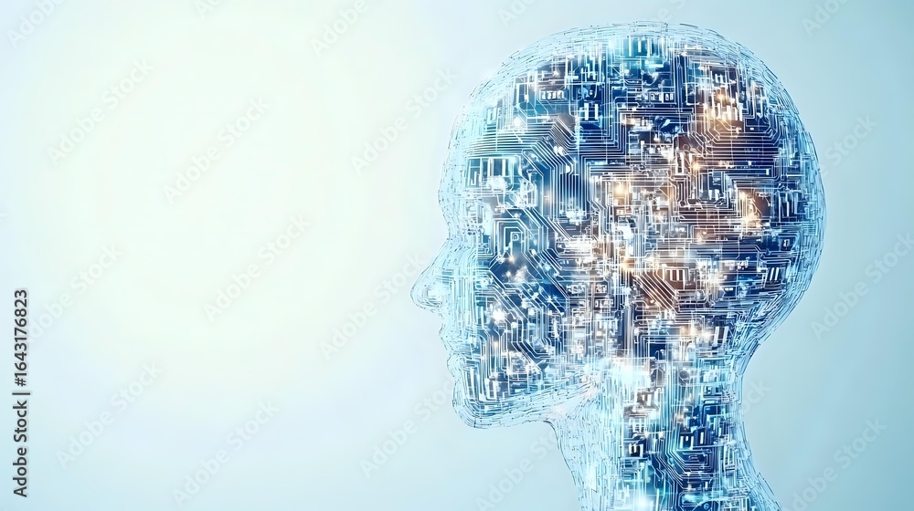 Poster translucent human head profile filled with glowing digital patterns and circuit elements against lig