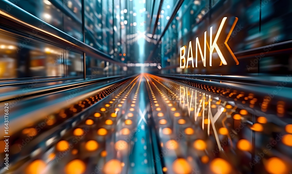 Poster Futuristic banking concept with glowing bank sign reflected on illuminated path with motion blur effect creating dynamic perspective in modern city.