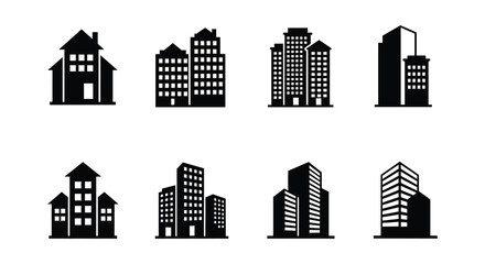 Set of Black Building Icons Illustration Representing Cityscapes and Architectural Designs