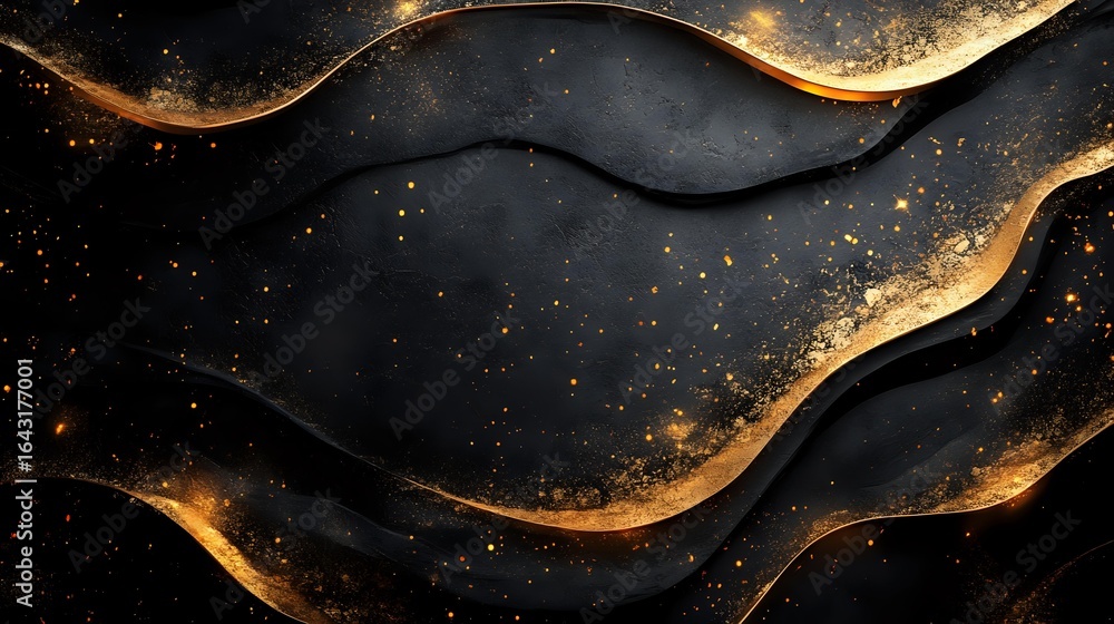 Poster abstract black and gold waves with glowing sparkles on dark background, luxury design pattern with f