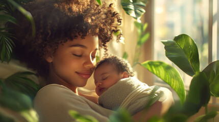 Mother Holding Newborn in Sunlit Room