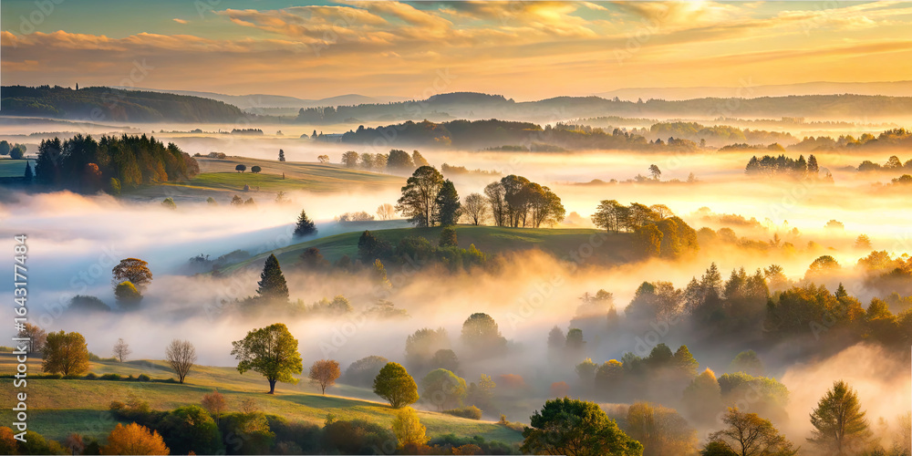Poster golden sunlight breaks through fog in a serene landscape. rolling hills and scattered trees create a