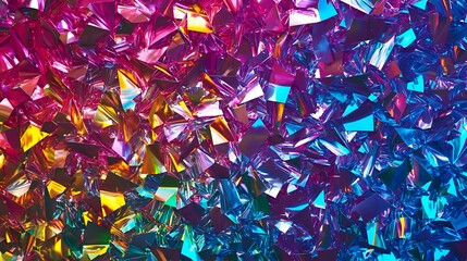 Vibrant holographic crystal fragments in pink, blue and yellow gradient colors create abstract mosaic pattern with light reflections and rainbow iridescent effect.