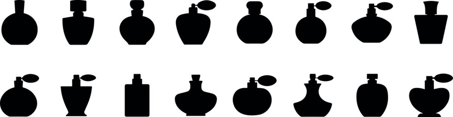 Collection of 16 black perfume bottle silhouettes with spray atomizers and classic designs, isolated on transparent background, representing fragrance and beauty products