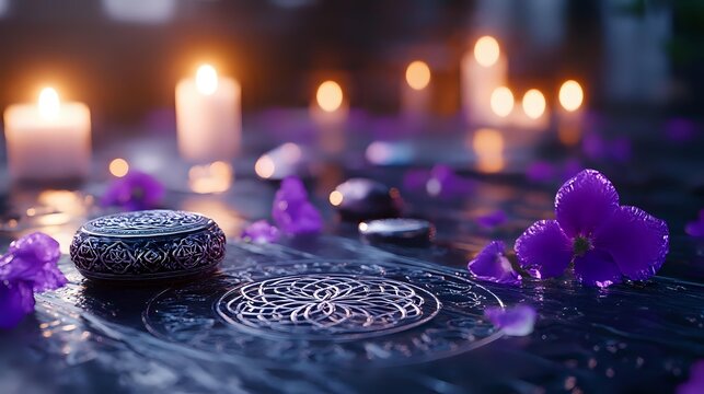 Decorative stones with carved mandala patterns alongside purple orchid petals and glowing candles create serene spa atmosphere on dark wet surface.