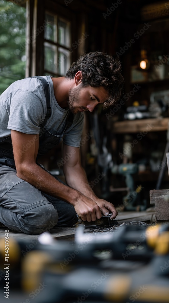 Aufkleber craftsman working intently on a woodworking project in a rustic workshop during daylight hours