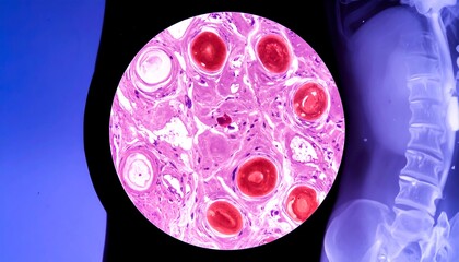 Microscopic view of cellular tissue sample, alongside a spinal X-ray