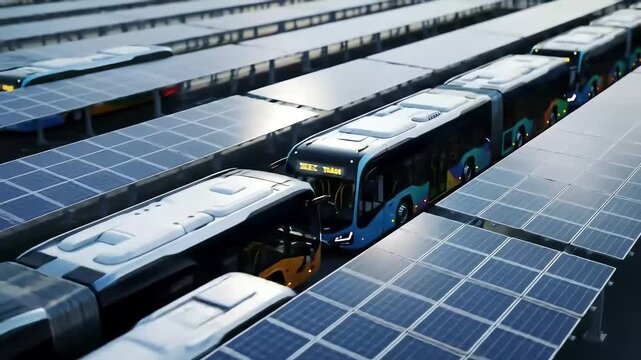 Electric buses charging at solar panel depot