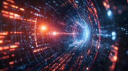 Obraz premium Glowing digital tunnel with orange and blue light effects creating futuristic cyber perspective. Abstract technology background with dynamic motion and energy flow.