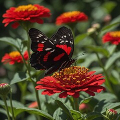 Bright red zinnia attracts a black and red butterfly feeding on nectar, capturing a vibrant moment of nature’s delicate interaction.