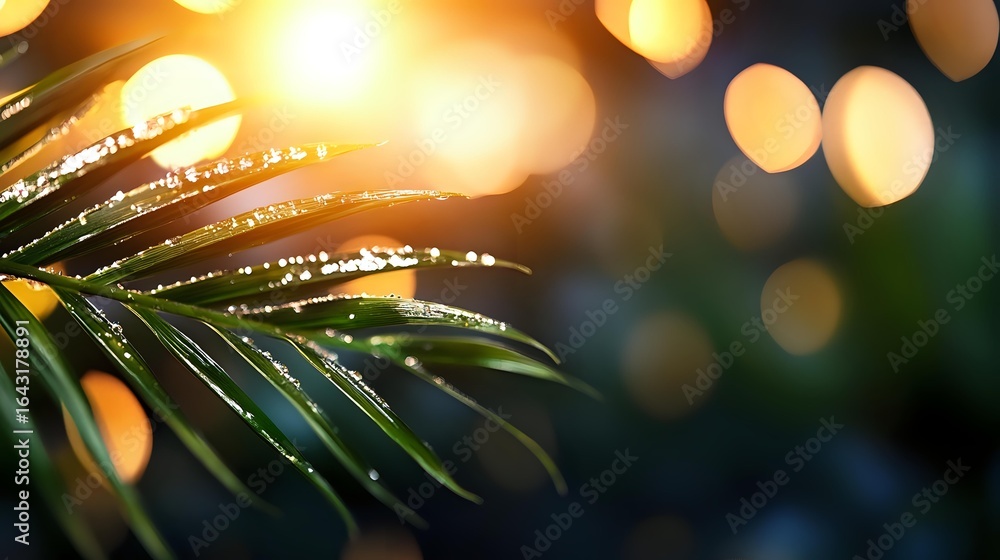 Aufkleber raindrops on palm leaf with golden bokeh lights in background creating magical nature atmosphere. mo