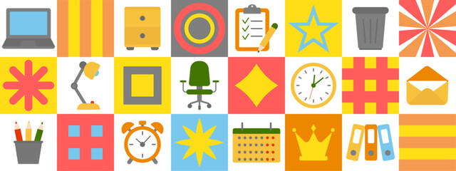 A vibrant grid showcasing a variety of icons including a laptop, desk lamp, clock, and calendar, highlighting elements commonly found in an office or study environment.