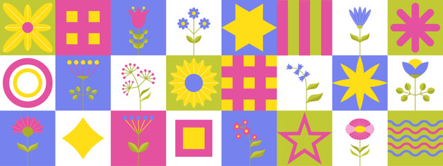 A vibrant geometric design showcases various flowers and shapes in pastel pink, yellow, and blue hues, creating a cheerful and artistic atmosphere ideal for creative projects.