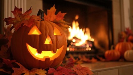 Lit jackolantern with autumn leaves by a fireplace with pumpkins in the background