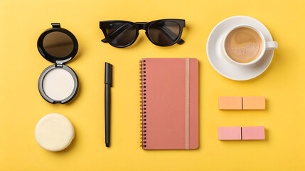 Flat lay of feminine essentials including makeup notebook pen and coffee