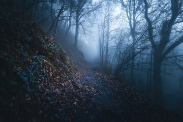 Foggy forest path winding through trees