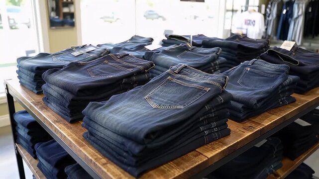 Rows Of Dark Blue Denim Jeans Neatly Folded On Rustic Wooden Display Shelves Inside A Bright Modern Clothing Store