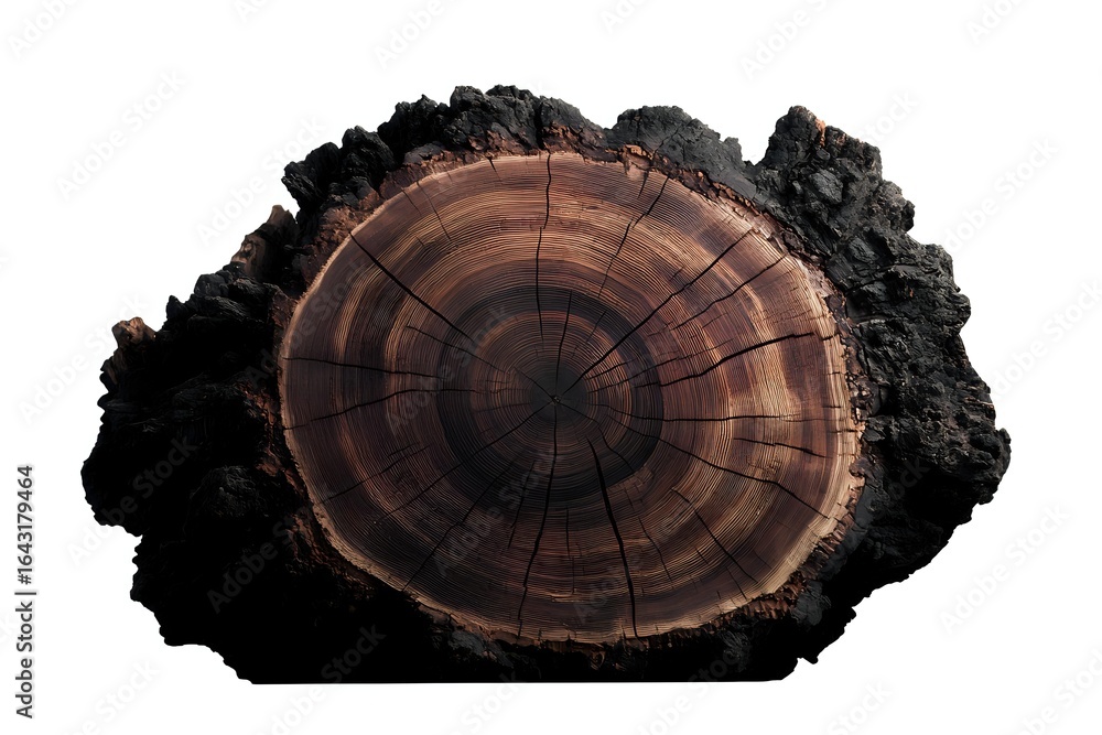 Poster cross section of burnt tree trunk showing annual growth rings and charred bark texture on isolated b