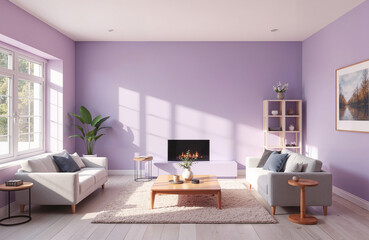 Modern living room with purple walls and cozy furniture arrangement  