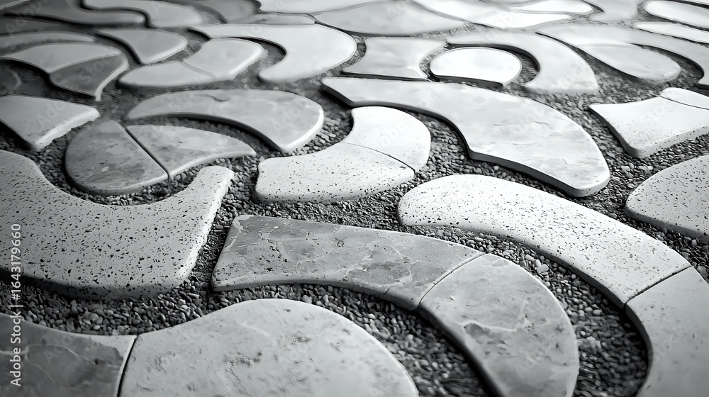 Poster abstract black and white macro photography of curved stone or ceramic tiles with rough textured grou