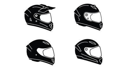 Four Different Styles of Motorcycle and Racing Helmets in Black and White